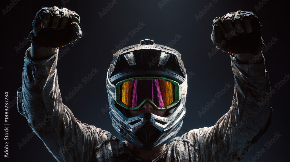 Naklejka premium A professional mountain biker wearing a helmet & goggles w/ color-gradient lenses. Professional, studio-lit, dark background, cinematic feel. He raises his arms in celebration of victory