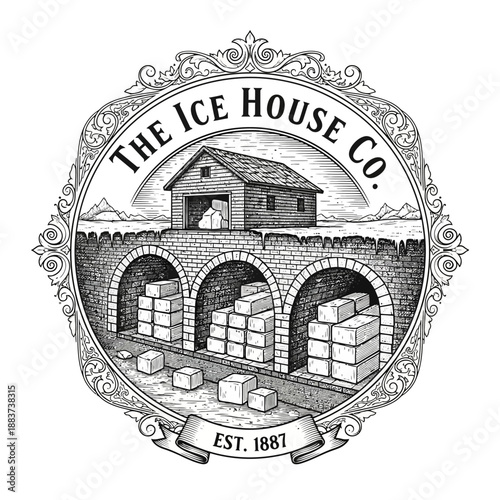 Vintage Ice House Company Building with Stored Ice Blocks.