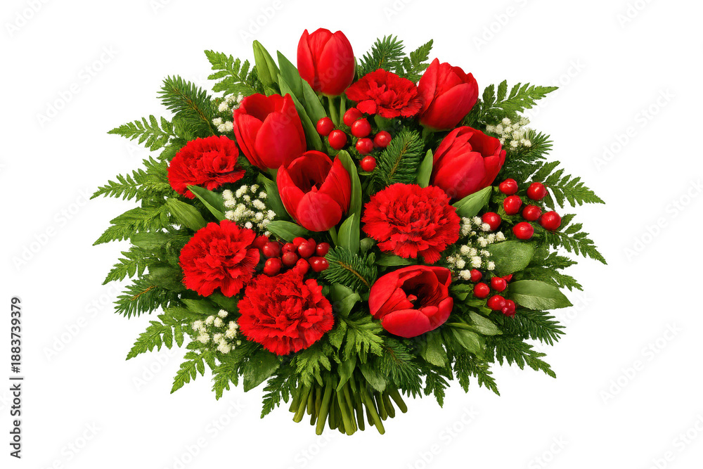 Fototapeta premium Red tulip and carnation bouquet with holly berries and evergreen foliage, expressing love, celebration, and festive cheer on transparent background