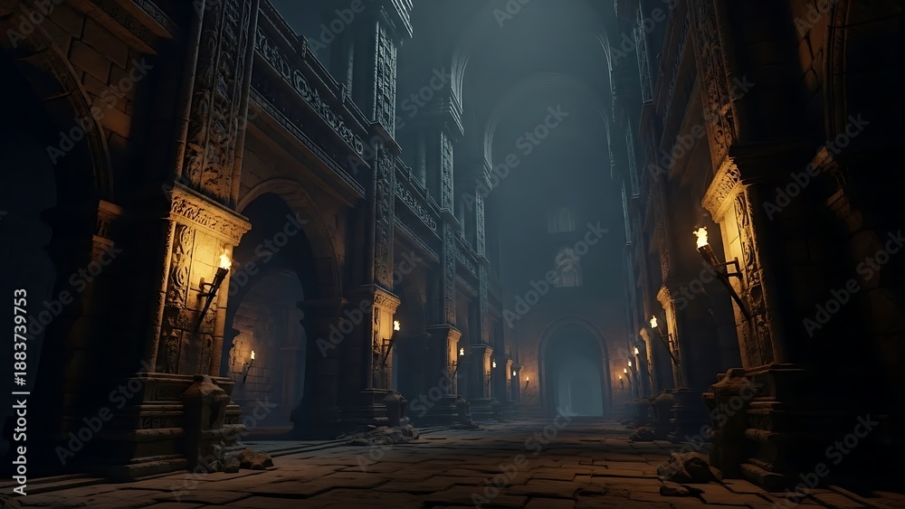 Obraz premium Dimly lit medieval hall with ancient architecture and flickering torches illuminating the stone pathway