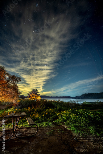 Stars and constellations in the sky as evening sets in on Lake Casitas campground