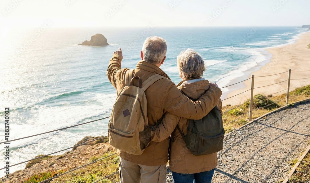 Fototapeta premium Senior couple embracing, watching the scenic ocean and sandy beach from a cliffside path. Enjoying travel and retirement freedom.