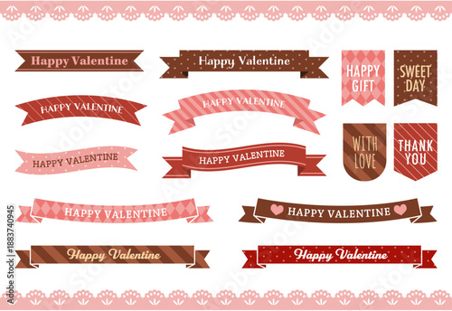 チョコレートカラーのバレンタインリボンバナー素材｜Valentine Ribbon Banner Chocolate Design Vector Set