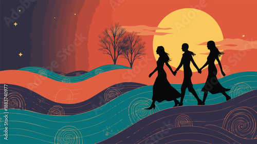 Symbolic unity silhouette vector with sunset hills tree and stars expressing journey hope connection and togetherness