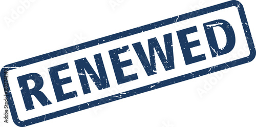 Distressed Blue Renewed Stamp on White Background, Angled Perspective for Illustration Purposes