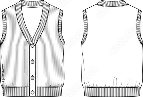 Classic knitted sleeveless cardigan vest illustration front back view fashion technical drawing vector template for modern casual apparel design