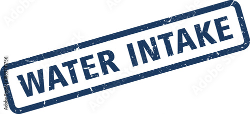 Distressed Navy Blue Water Intake Rectangular Stamp on White Background, Illustrating Hydration Theme