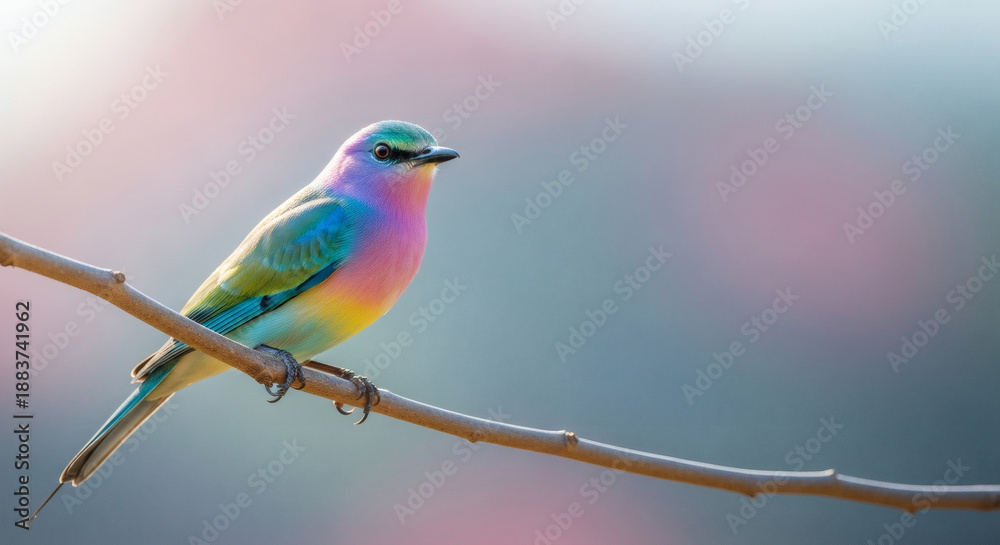 Obraz premium A magnificent and colorful bird, displaying a captivating blend of purple, pink, and blue feathers, perches gracefully on a slender branch, bathed in soft, ethereal natural light