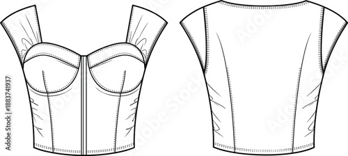 Women corset top technical fashion sketch front and back view structured bustier apparel template vector illustration for clothing design production