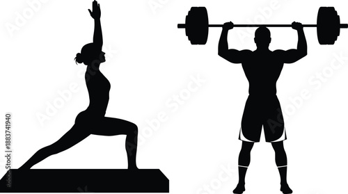 Yoga lunge pose and weightlifting athlete silhouettes showing fitness strength training balance isolated on white background vector illustration design