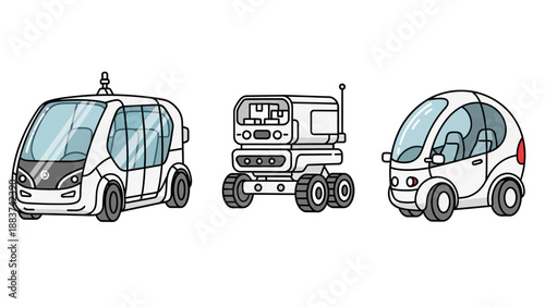 Illustrations of futuristic autonomous vehicles: a sleek passenger shuttle, a robotic rover, and a compact urban car.