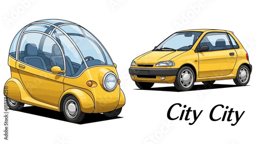 Vibrant Yellow Illustrated Vehicles: Modern Compact Bubble Car and Classic Small Hatchback Side by Side View