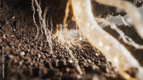 Close-up view of plant roots growing in dark soil with glowing elements.