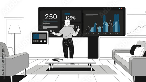 Businessperson analyzing data on virtual screens
