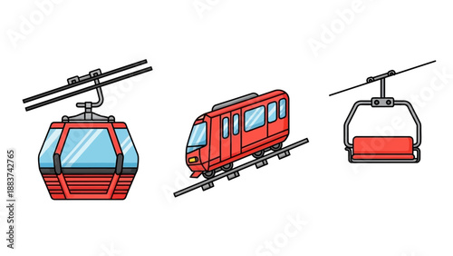 Collection of Illustrated Elevated Transport Modes: Cable Car, Funicular Train, and Ski Lift