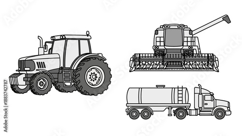 Essential agricultural and heavy industry transport machinery illustrations, featuring a tractor, combine harvester, and tanker truck for diverse operations.