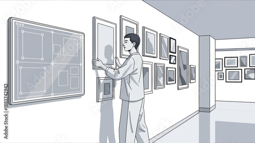 Man Hanging Picture Frame on Wall in Gallery