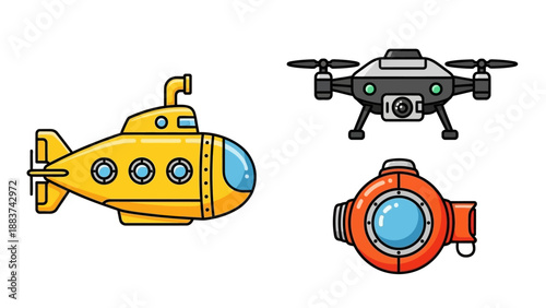 Modern Exploration Vehicles: A Set of Submarine, Drone, and Submersible for Air and Underwater Travel