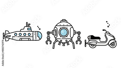 Diverse Transport Vehicles: Submarine, Submersible, and Scooter Line Art Illustration Collection for Travel and Exploration Concepts