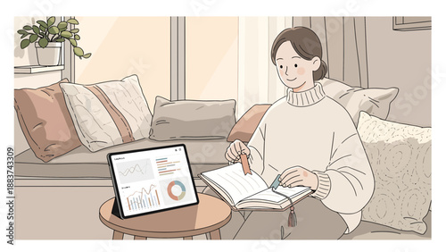 Woman studying or working from home with laptop and notebook