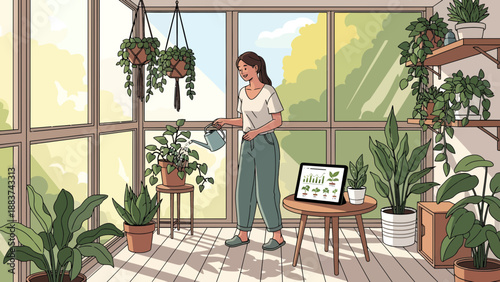 Woman Watering Plants in a Sunlit Indoor Garden