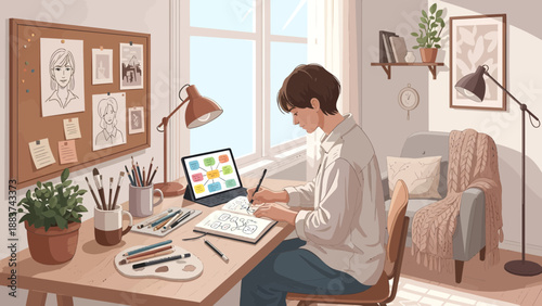 Young man creating digital art in a cozy home studio