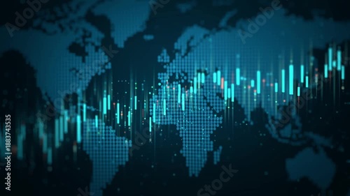 A video showing a futuristic world map with glowing blue data streams and graphs