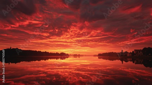 A serene video of a breathtaking sunset over a peaceful body of water at dusk