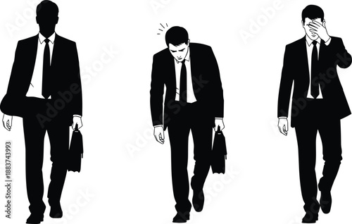 Tired stressed businessman silhouettes walking with briefcase showing exhaustion failure depression office work pressure vector illustration isolated design
