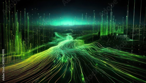 Abstract Green Data Stream Landscape - A Digital Visualization.