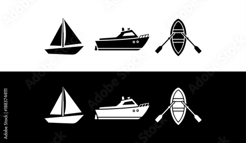 Sailboat, yacht, and canoe icons in black and white