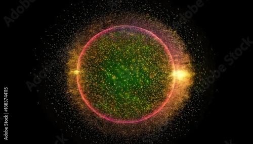 Abstract Green Sphere with Red Ring and Golden Flares.