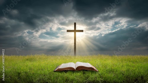 Open bible grass with wooden cross and sunbeam breaking through dramatic storm clouds toward sky landscape, open Bible grass with sunbeam illuminating cross clouded sky conveying faith hope religion