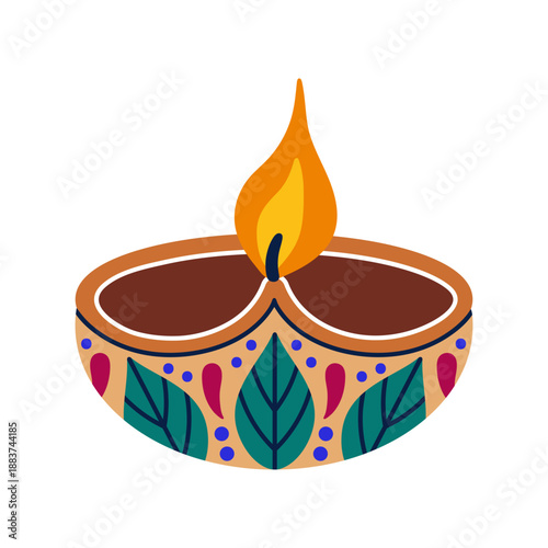 Diwali lit diya lamp with flame. Indian Festival of Lights. Colorful candle with burning wick, oil lamp with ethnic traditional pattern. Hand drawn vector illustration. Element of ceremony, prayer