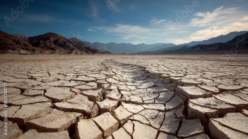 Cracked dry desert floor stretching toward distant mountain range under dramatic blue sky with scattered clouds, arid landscape evoking heat, drought and solitude on parched barren valley