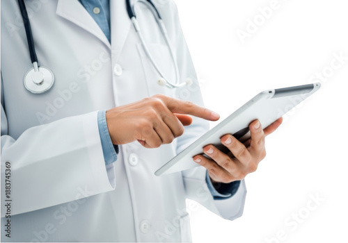 Doctor using tablet isolated on transparent background