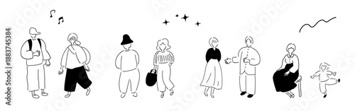 いろんな年齢の人々_カップル,男性,女性,キッズ,シニア｜線画,ハンドドローイング,ベクターイラスト｜People of all ages,vector illustration