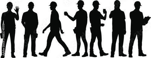 Construction worker silhouettes set standing walking talking holding tools clipboard coffee isolated black human figures industry labor illustration