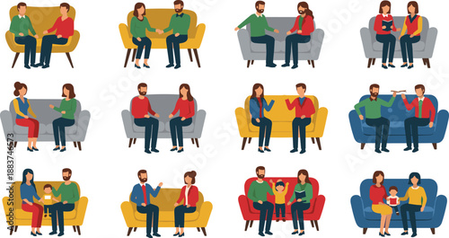 Social interaction illustration, people on couch vector, family bonding graphic, communication scene art, counseling design icon, relationship concept illustration