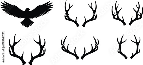 Wildlife silhouette, eagle bird, flying hawk, deer antlers, hunting emblem, nature illustration, rustic design, forest animal, outdoor adventure, decorative art