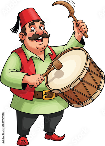 Cartoon Ramadan drummer with a fez and mustache playing a traditional davul.