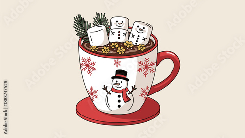 Hot Chocolate with Marshmallow Snowmen: Festive Holiday Beverage Illustration