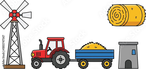 Rural Farm Activities Illustration with Tractor, Hay Trailer, Windmill, and Silo Depicting Agricultural Life.