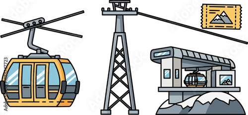 Winter Mountain Transport System Illustration: Cable Car Gondola, Tower, and Ski Lift Station Elements for Alpine Travel