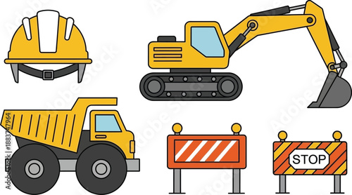 Vector illustration of construction site elements: hard hat, excavator, dump truck, and road barriers.