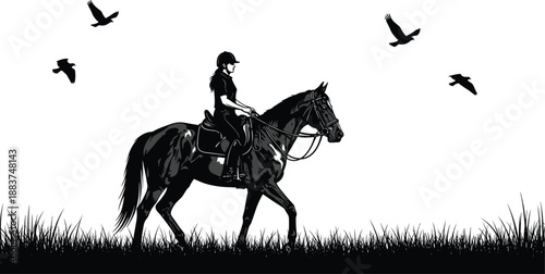 Black silhouette of a female rider on a horse walking through a grassy field with birds flying above, peaceful nature equestrian scene,