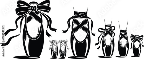 Black silhouette of ballet pointe shoes set, elegant dance footwear icons with ribbons and bows, isolated vector illustration for artistic performance design projects