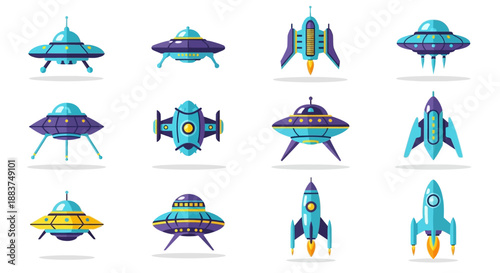 Sci-Fi Space Vehicles Vector Set. Retro Cartoon Collection of UFO Flying Saucers and Rocket Ships in Flat Style.
