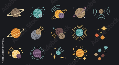 Stylized Cosmic Icons Set: Collection of Flat Design Planets, Moons, Stars, and Galaxy Elements on a Dark Background
