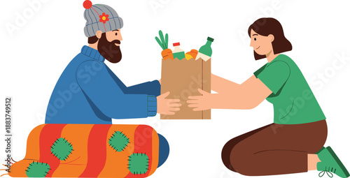 Food donation illustration, act of kindness, charity support, helping people in need, grocery bag assistance, humanitarian aid, social care